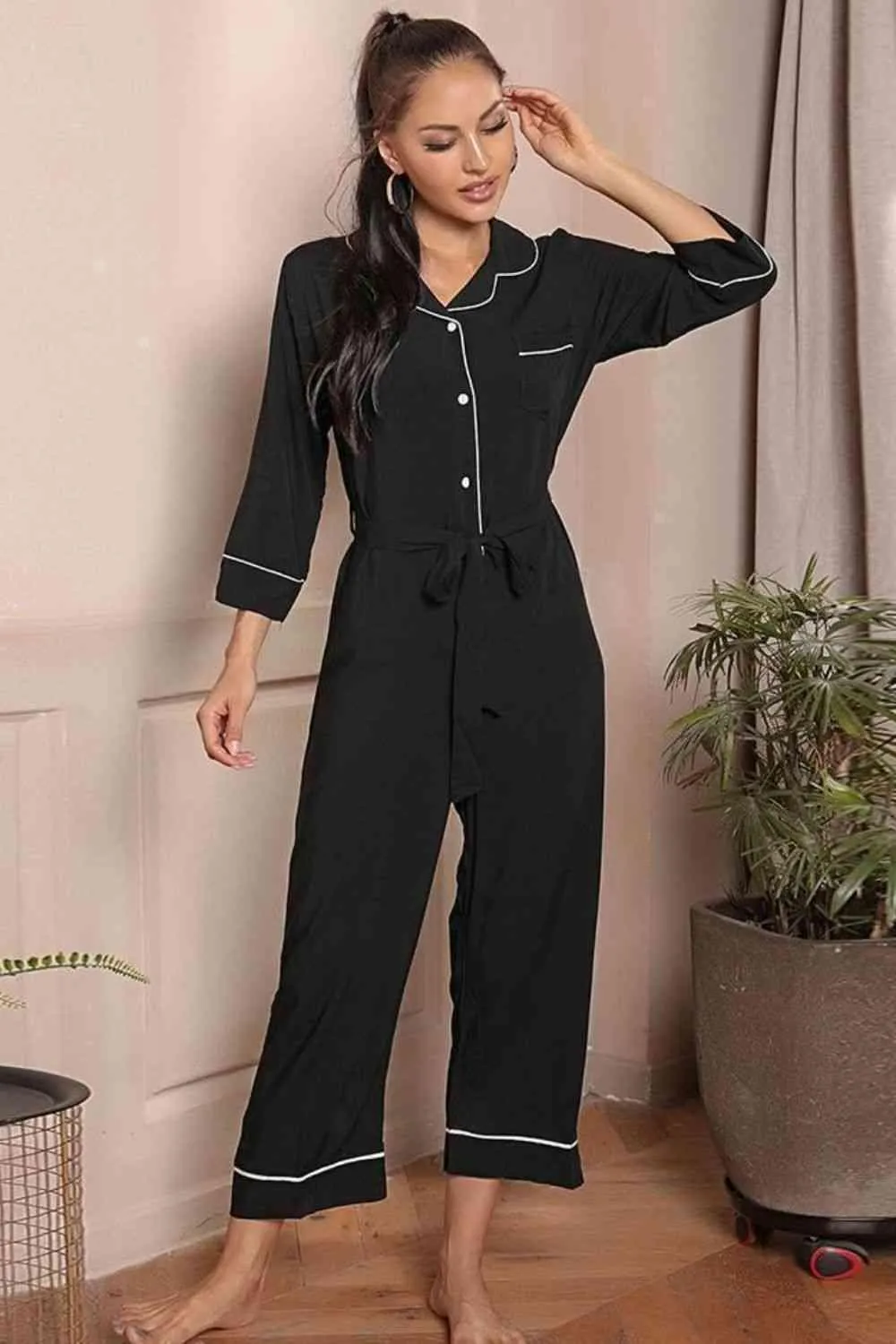 Contrast Piping Lapel Collar One Piece Black Jumpsuit