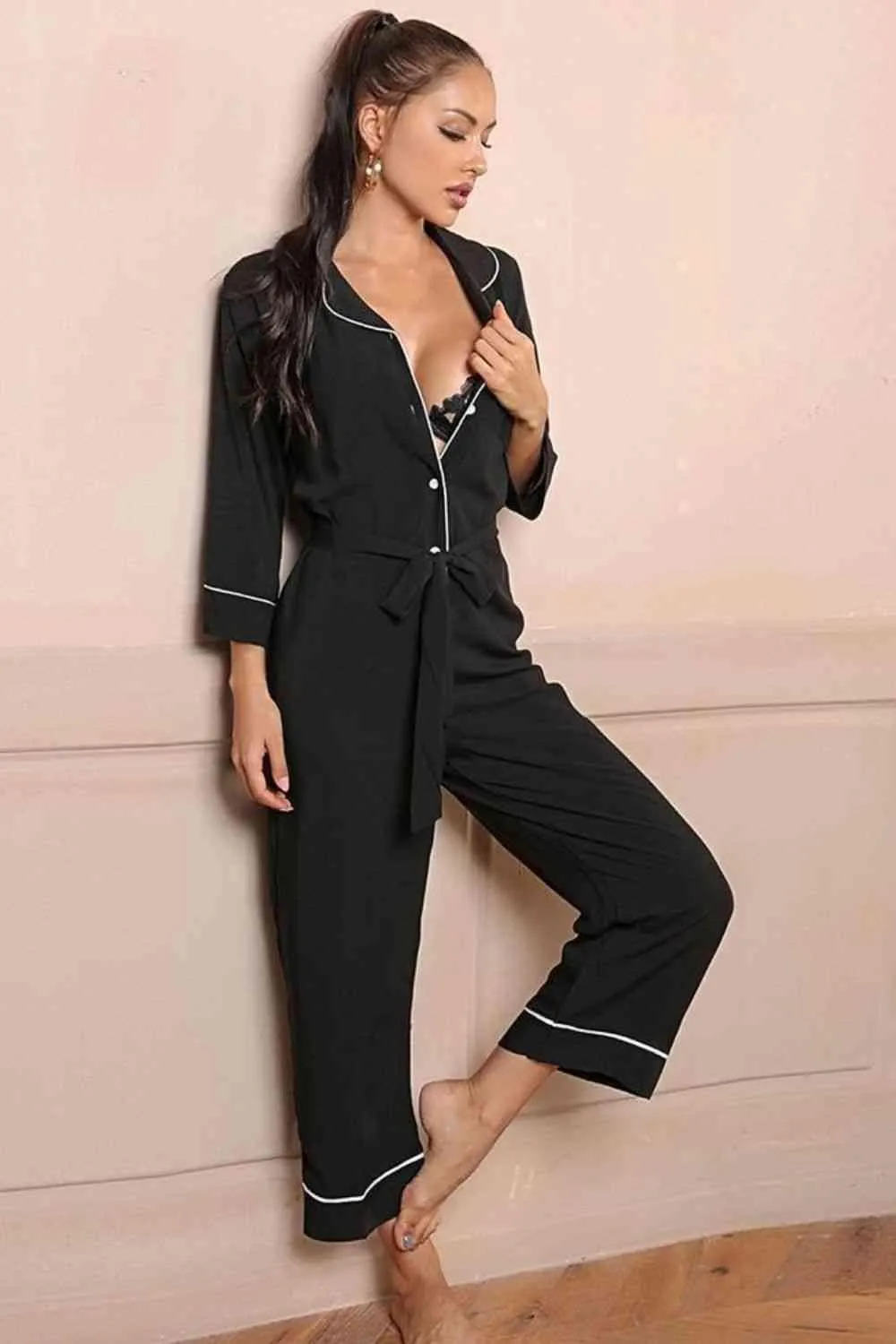 Contrast Piping Lapel Collar One Piece Black Jumpsuit