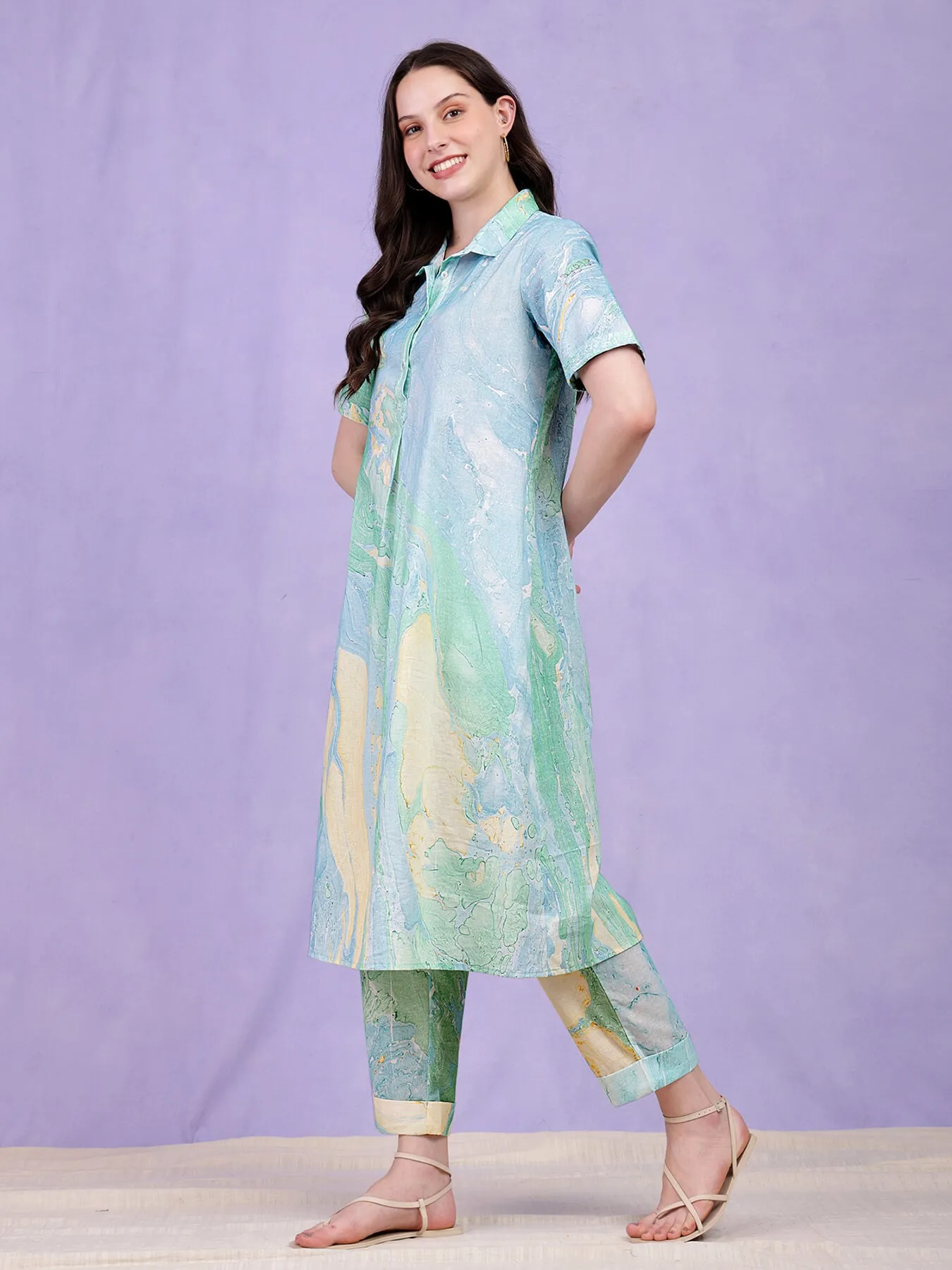 Cotton Cloud Print Kurta Set - Light Blue
