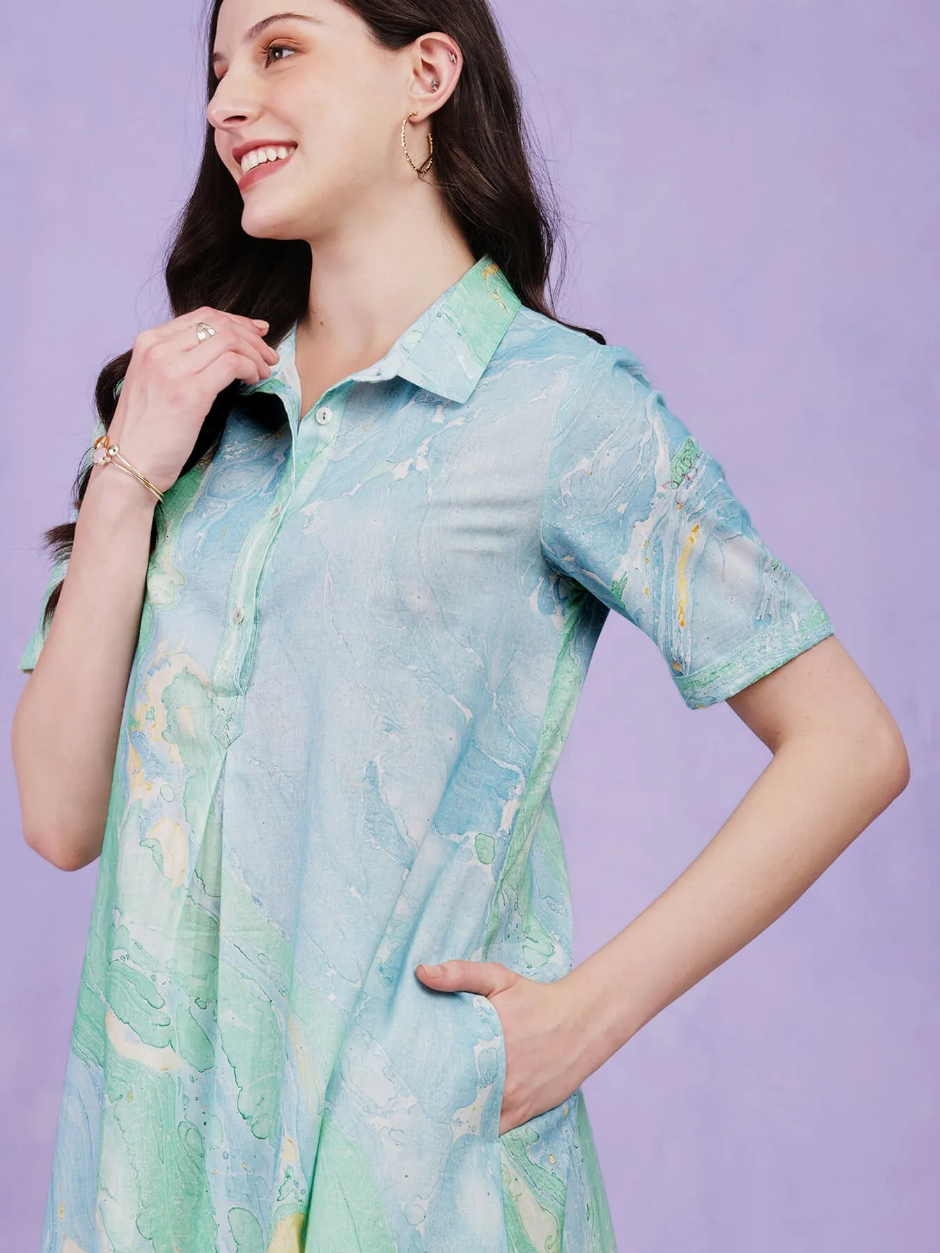 Cotton Cloud Print Kurta Set - Light Blue