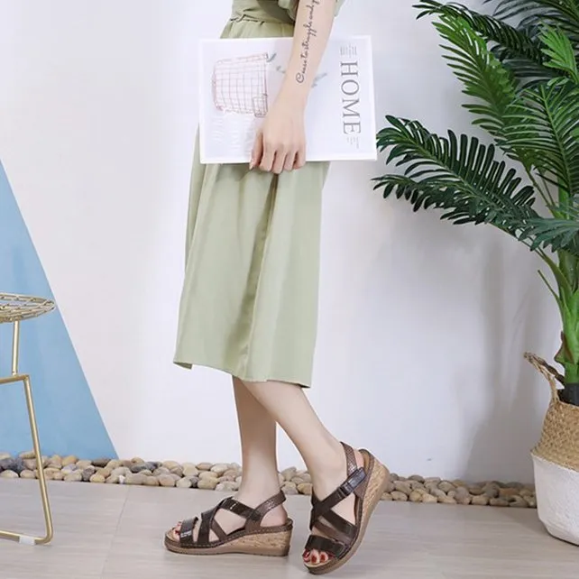 Cuzcare Platform Sandals For Women Hook&loop Cross Strap Wedge Versatile Casual Vacation