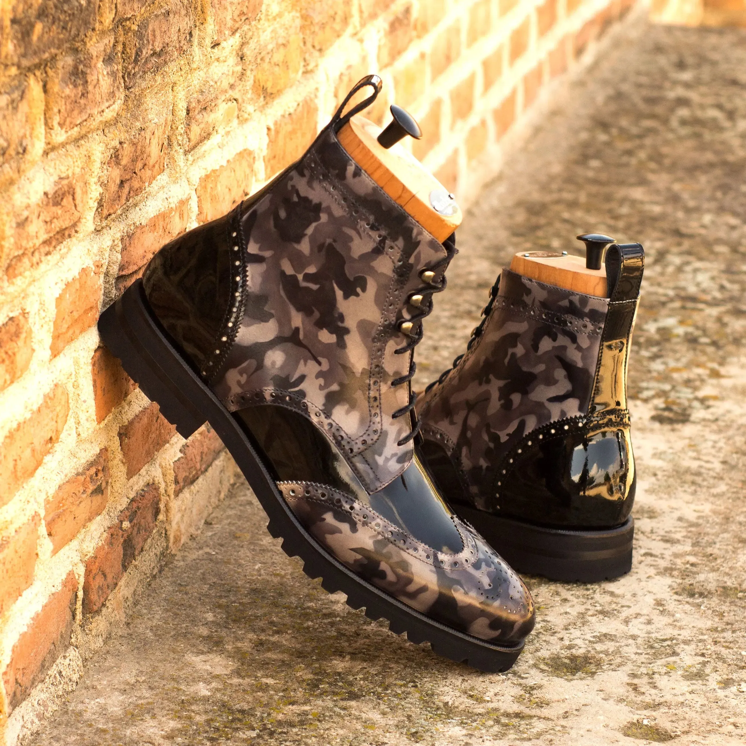 DapperFam Valiant in Grey Camo / Black Men's Italian Patent Leather & Hand-Painted Patina Military Brogue