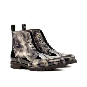 DapperFam Valiant in Grey Camo / Black Men's Italian Patent Leather & Hand-Painted Patina Military Brogue