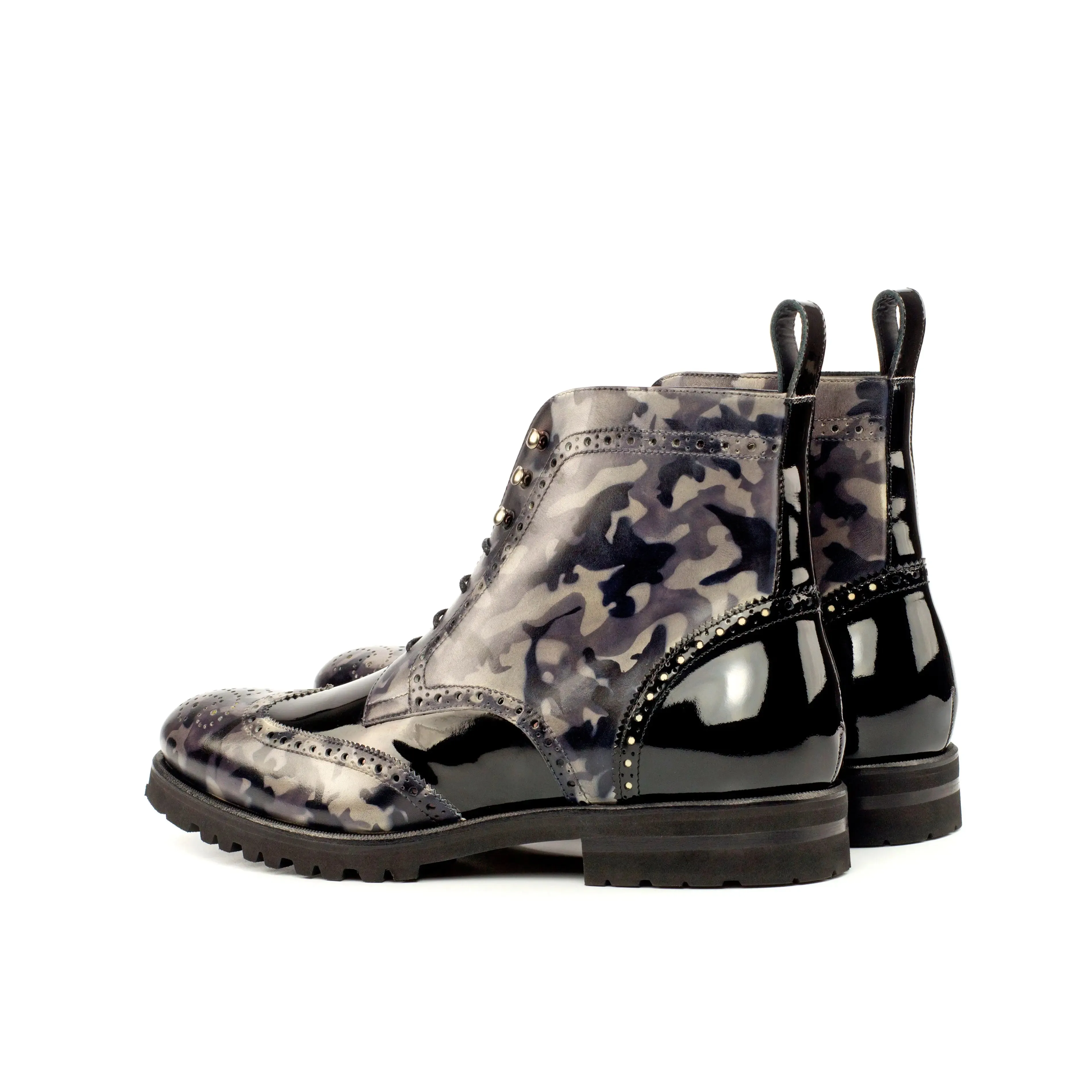DapperFam Valiant in Grey Camo / Black Men's Italian Patent Leather & Hand-Painted Patina Military Brogue