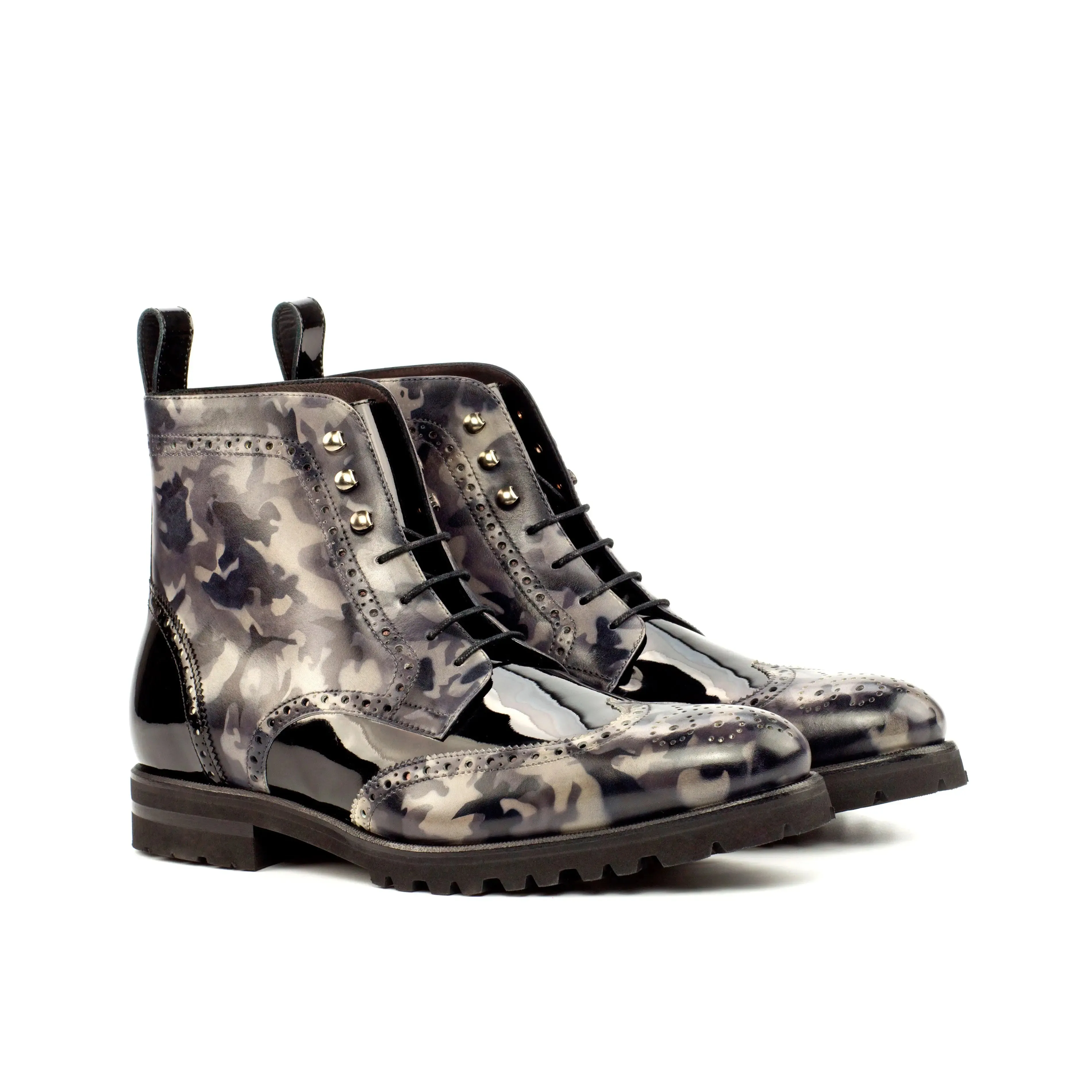 DapperFam Valiant in Grey Camo / Black Men's Italian Patent Leather & Hand-Painted Patina Military Brogue