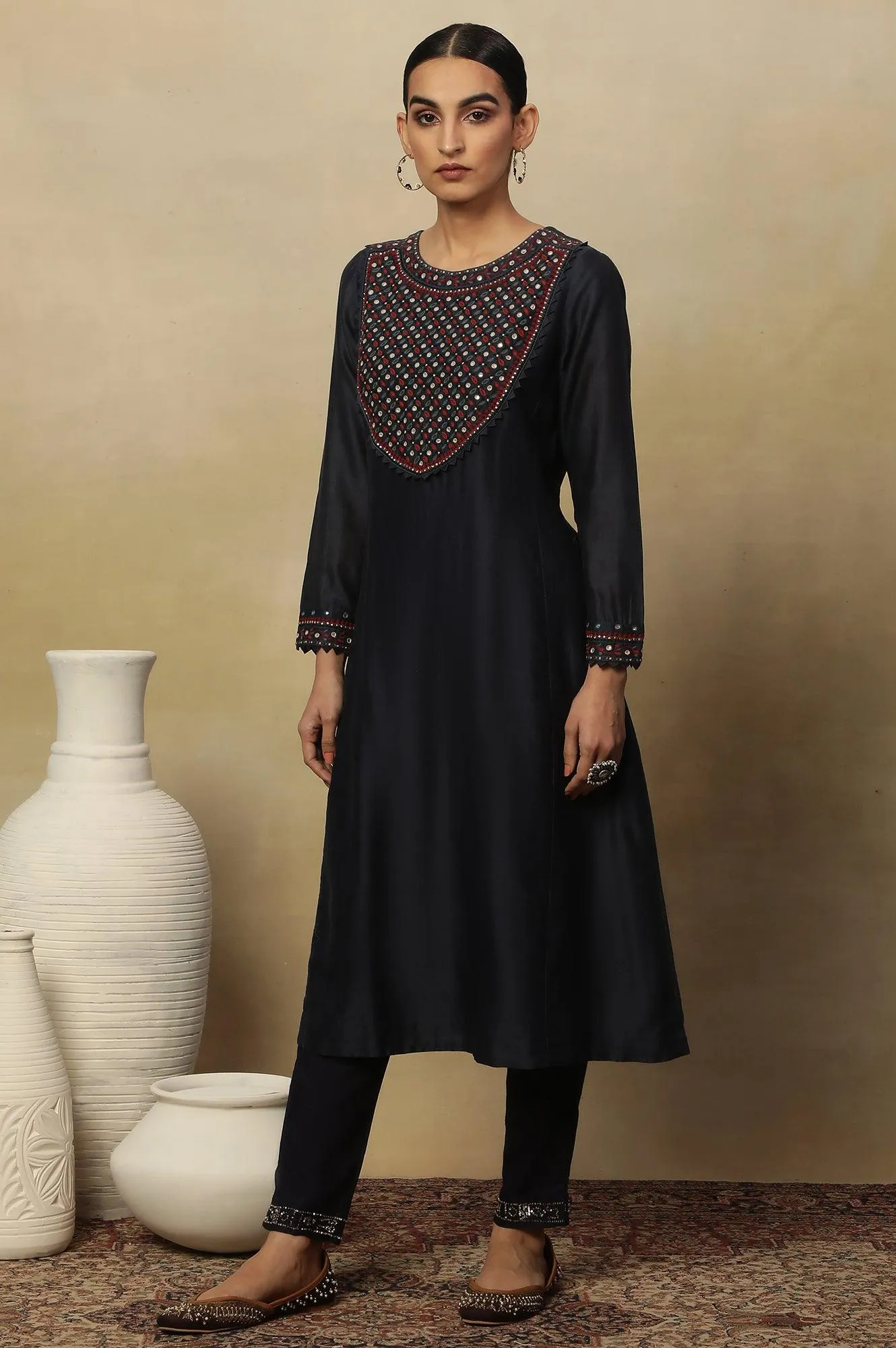 Dark Blue Embroidered Cotton Silk Kurta