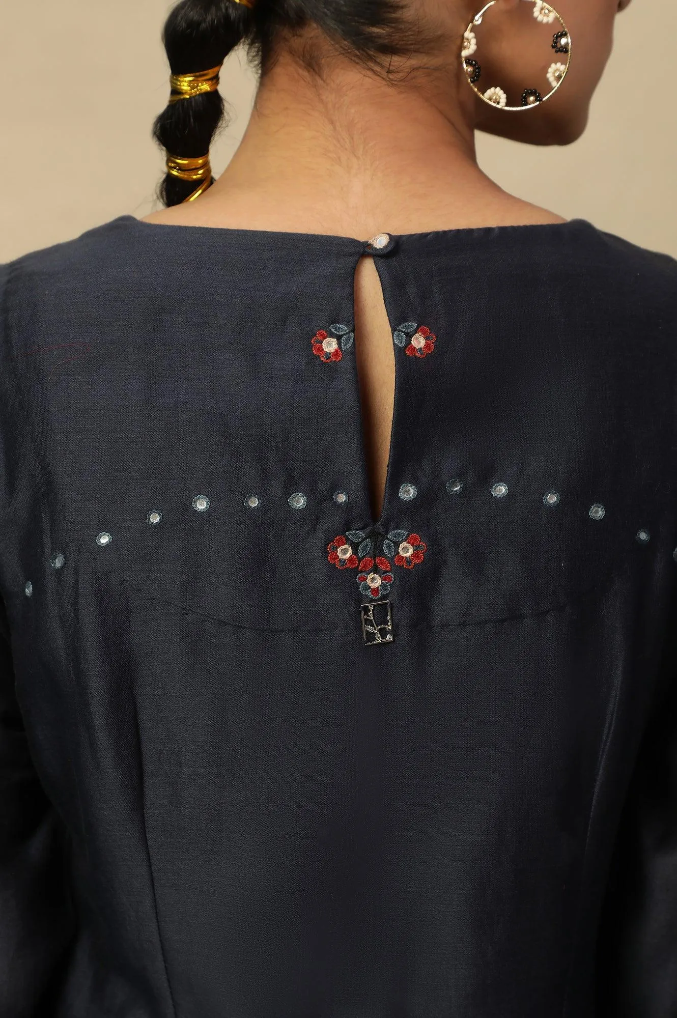 Dark Blue Embroidered Cotton Silk Kurta