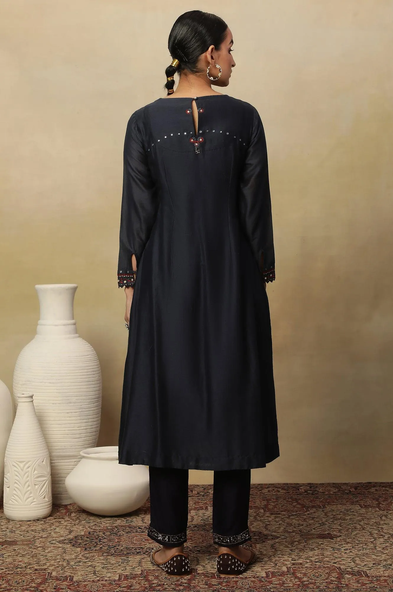 Dark Blue Embroidered Cotton Silk Kurta