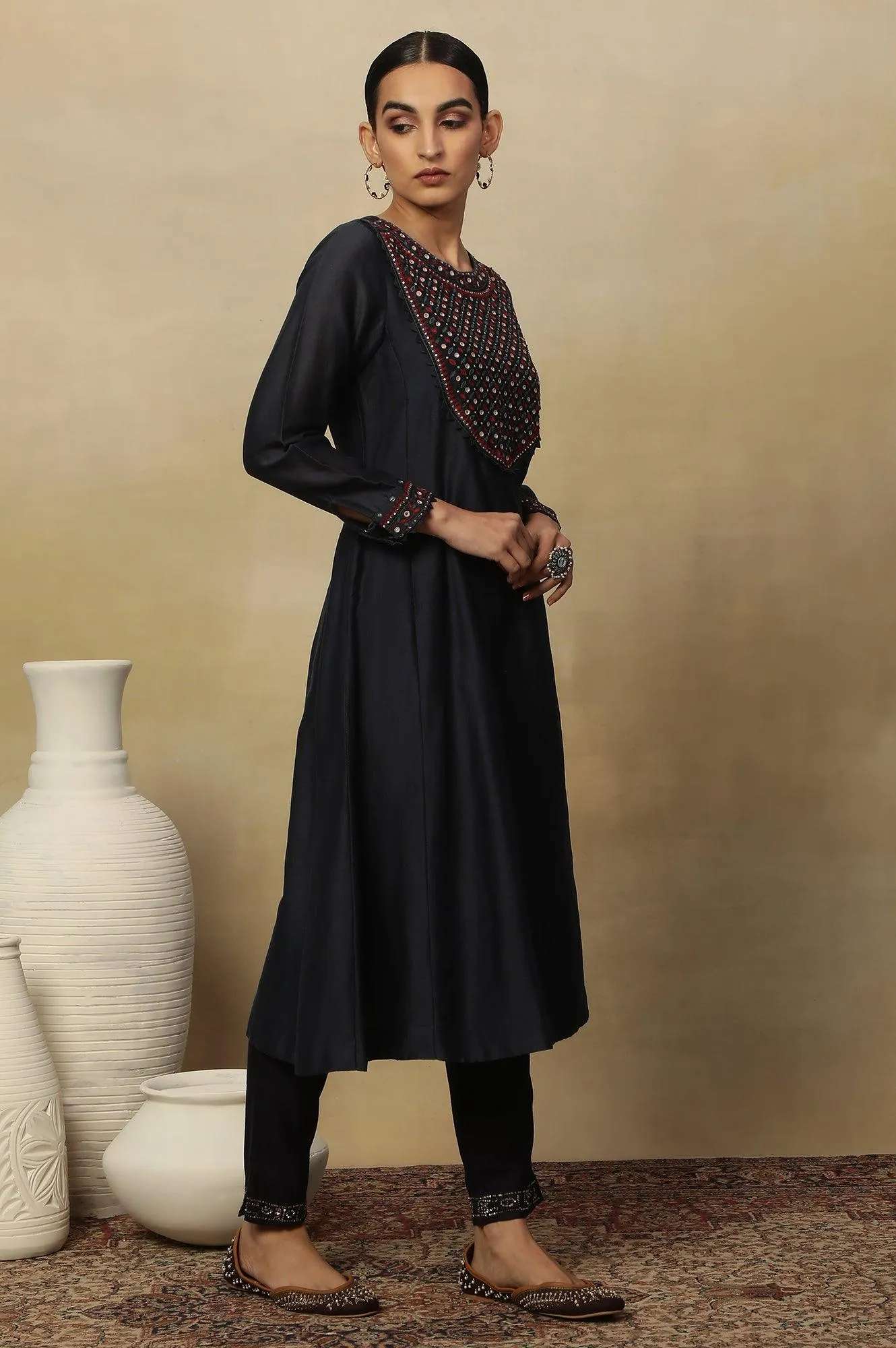 Dark Blue Embroidered Cotton Silk Kurta