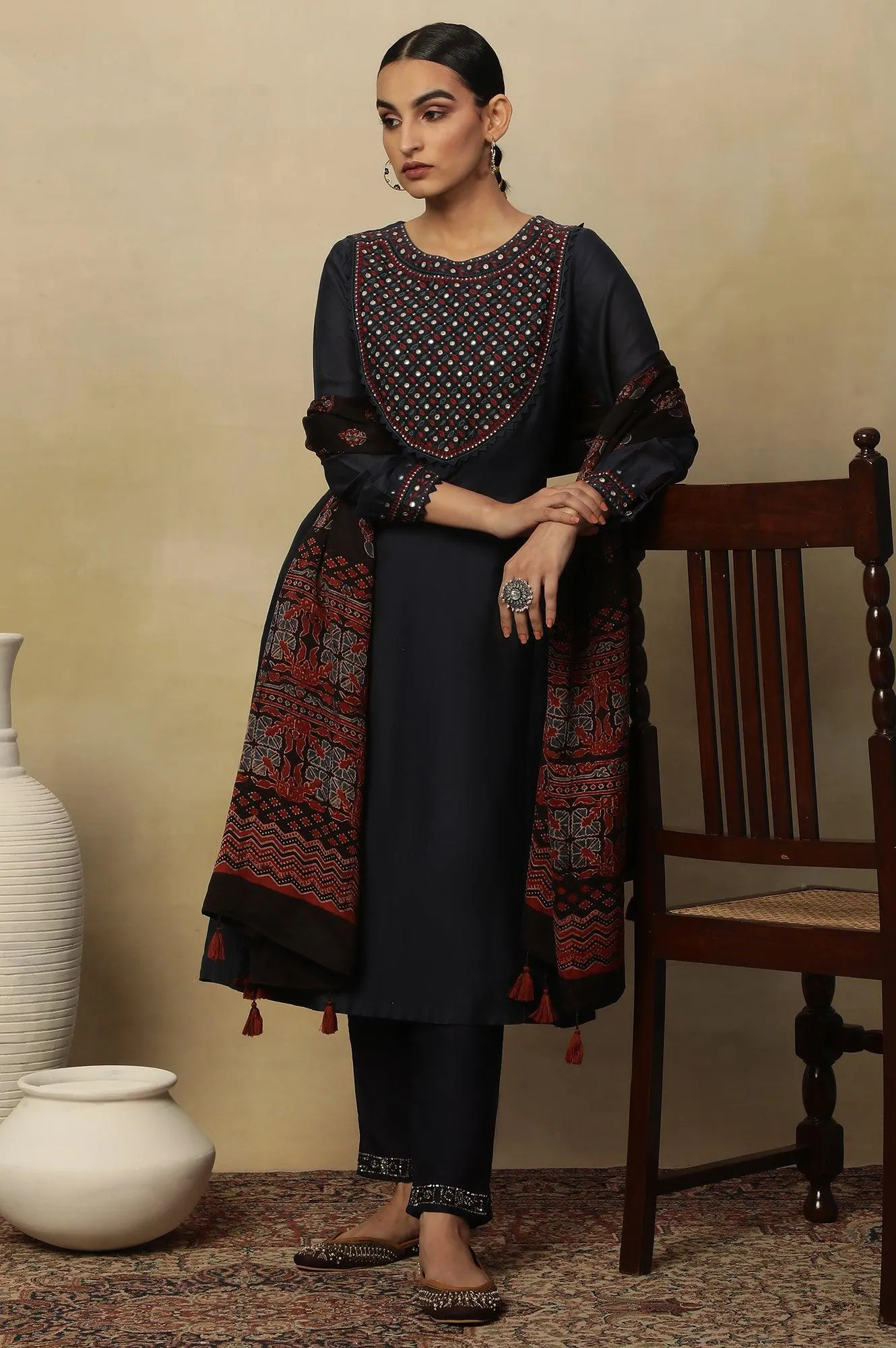 Dark Blue Embroidered Cotton Silk Kurta