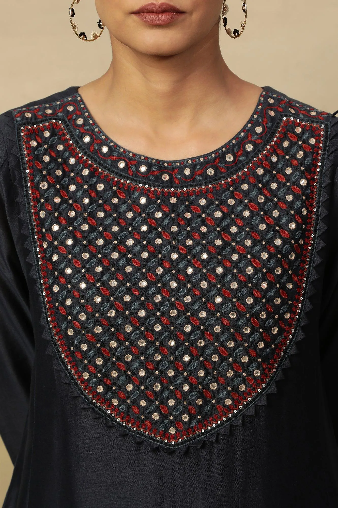 Dark Blue Embroidered Cotton Silk Kurta