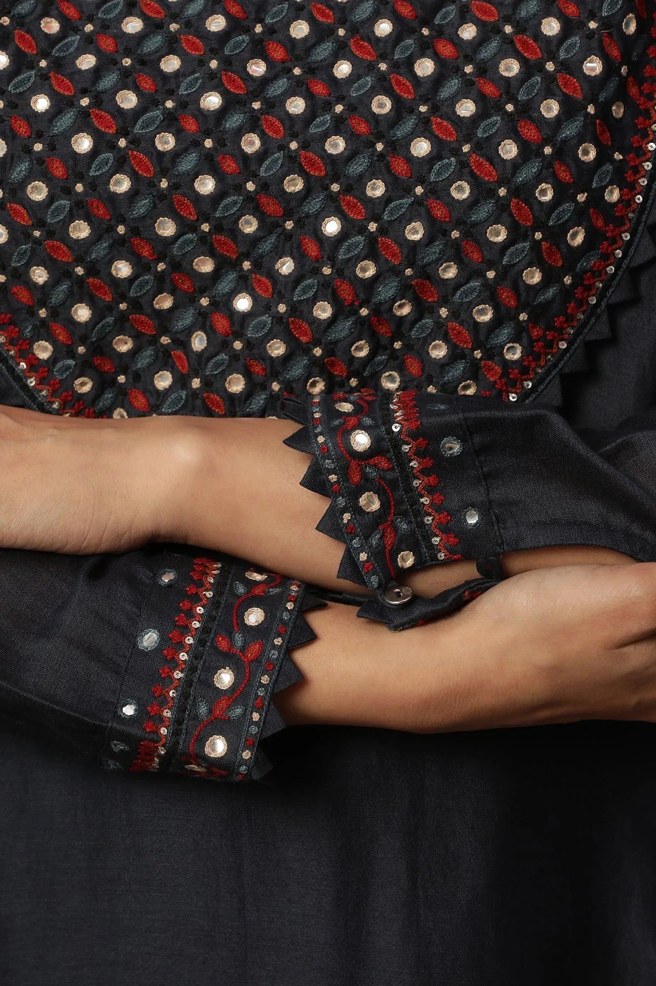 Dark Blue Embroidered Cotton Silk Kurta
