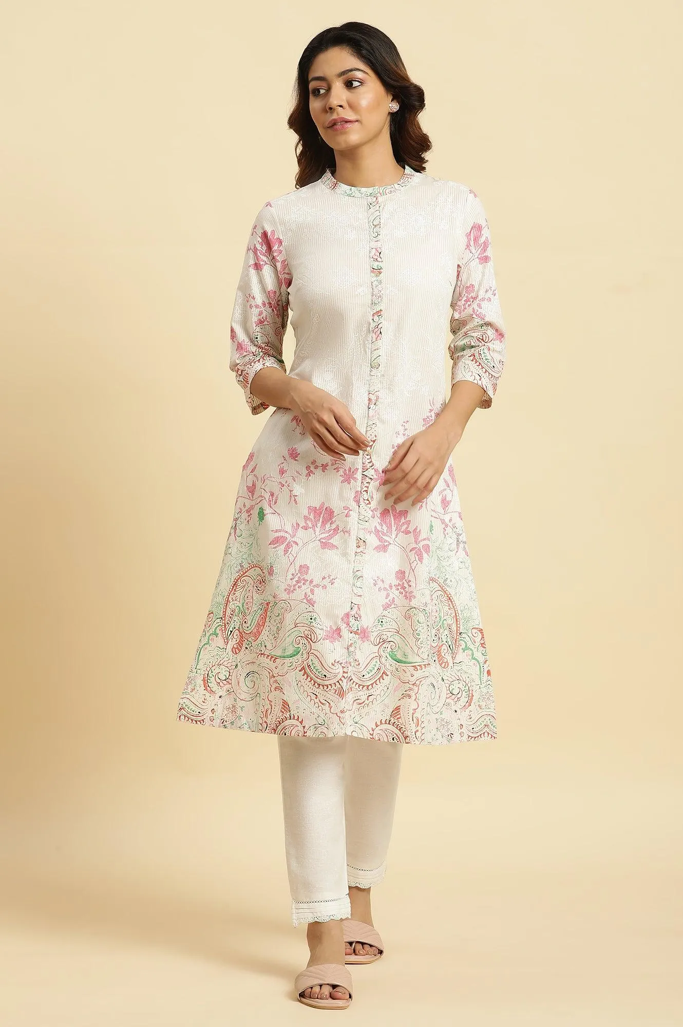 Ecru Mandarin Collar Kurta With Multi-Coloured Print
