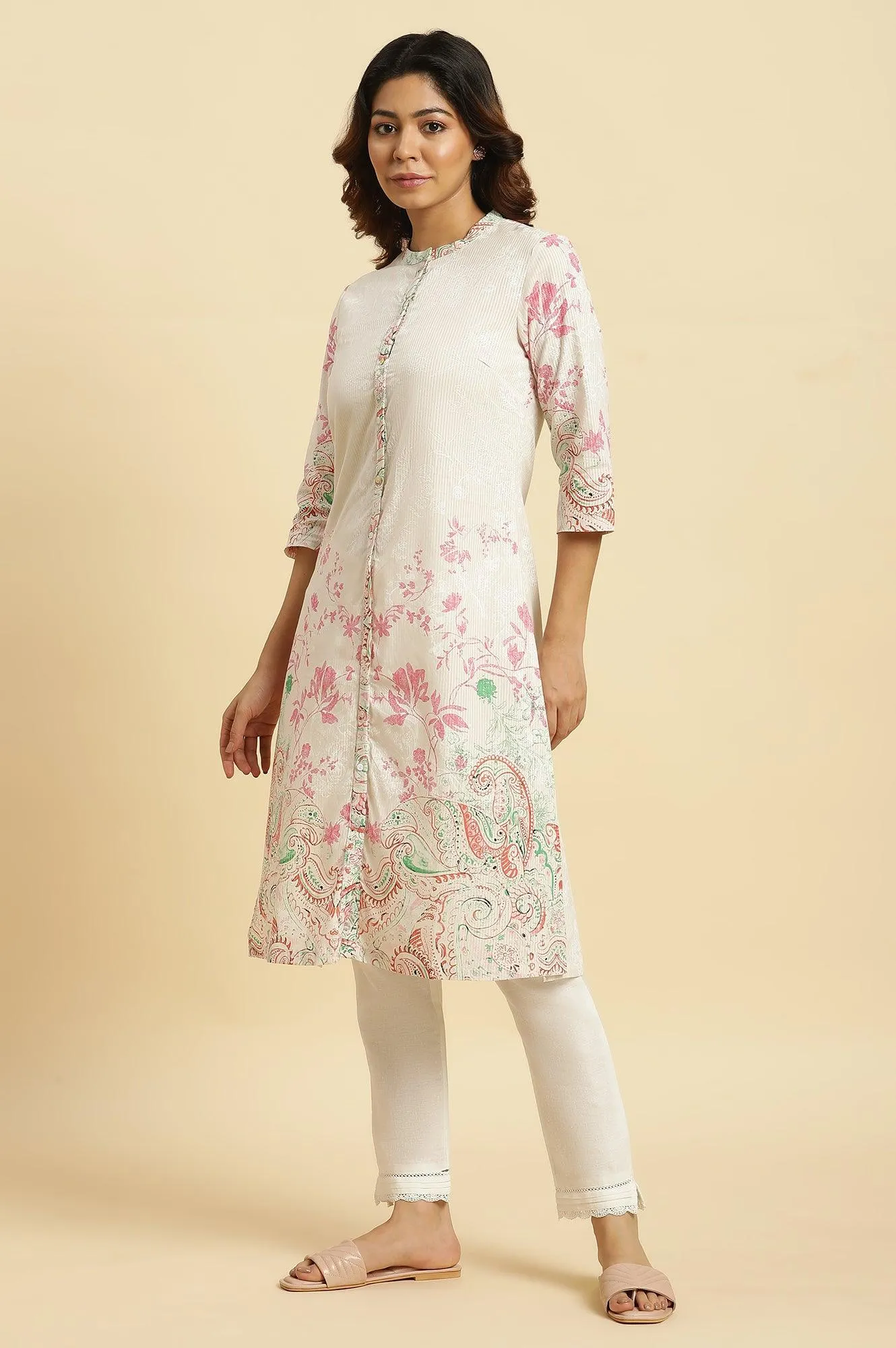 Ecru Mandarin Collar Kurta With Multi-Coloured Print