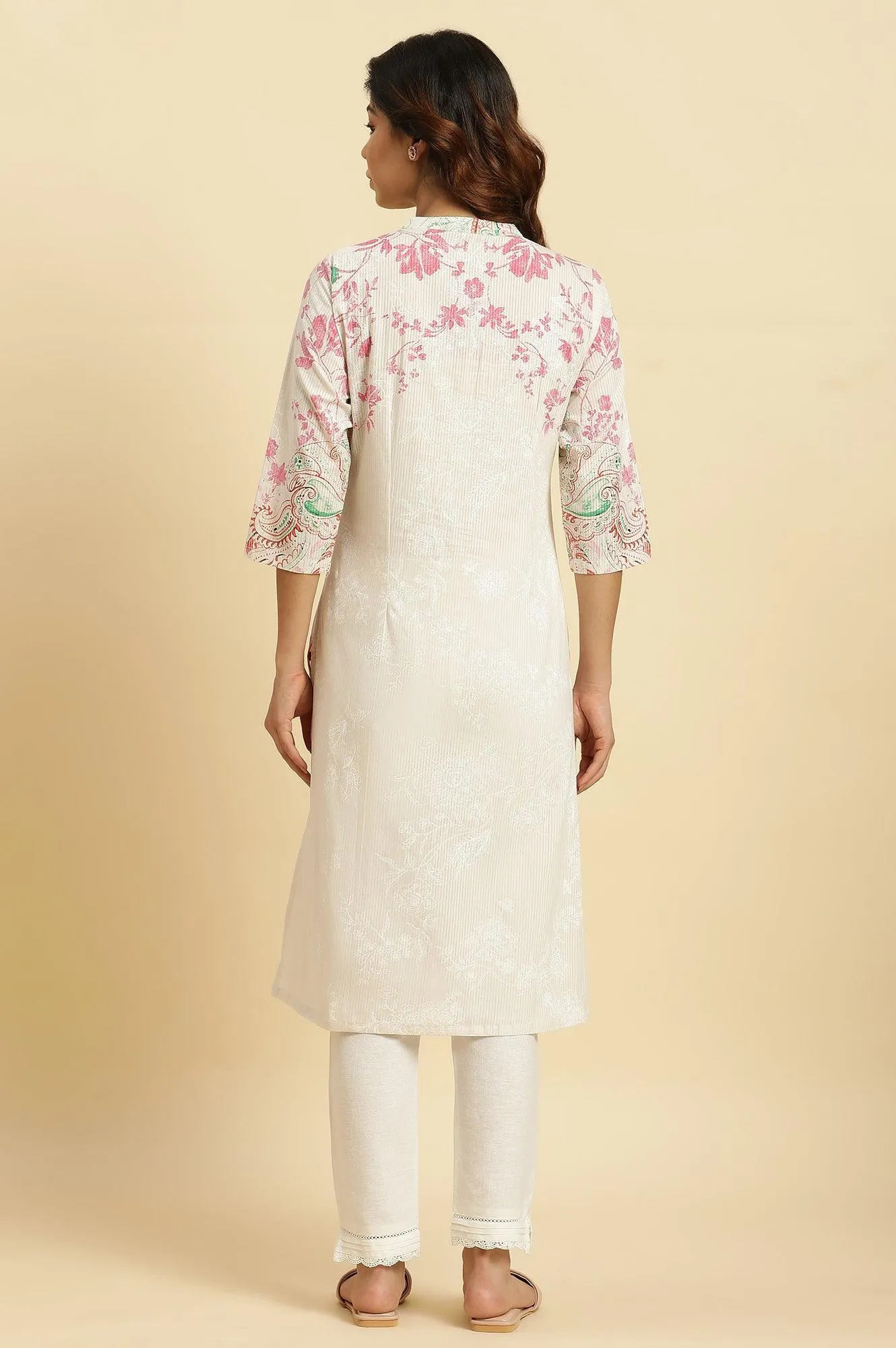 Ecru Mandarin Collar Kurta With Multi-Coloured Print