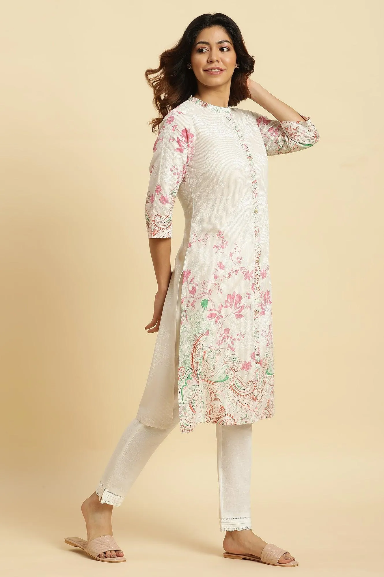 Ecru Mandarin Collar Kurta With Multi-Coloured Print