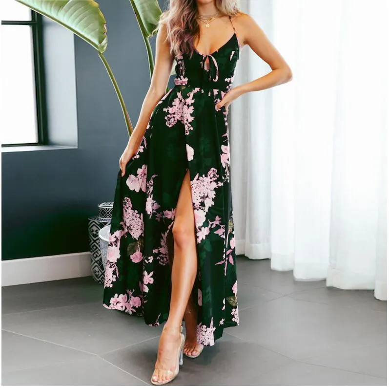 Elegant European & American Chiffon Maxi Dress | Floral Print Swing Sundress  Trendy Street Fashion, Mid-Rise Long Skirt
