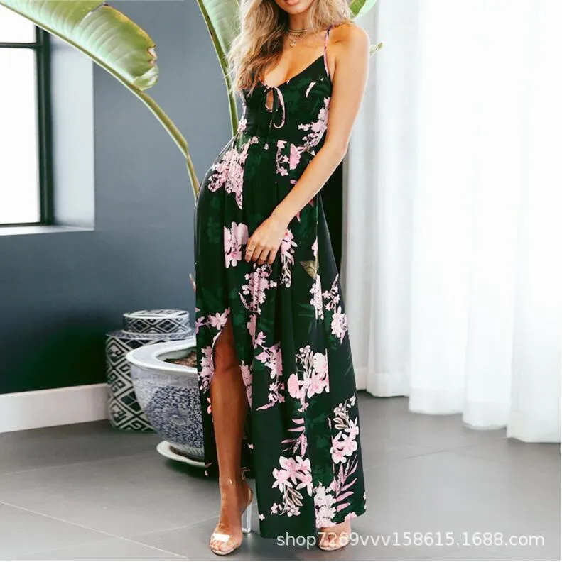 Elegant European & American Chiffon Maxi Dress | Floral Print Swing Sundress  Trendy Street Fashion, Mid-Rise Long Skirt