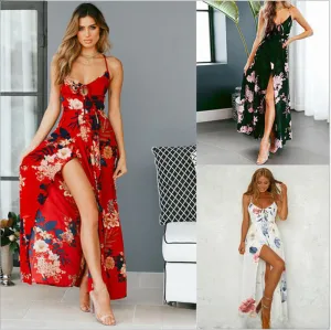 Elegant European & American Chiffon Maxi Dress | Floral Print Swing Sundress  Trendy Street Fashion, Mid-Rise Long Skirt