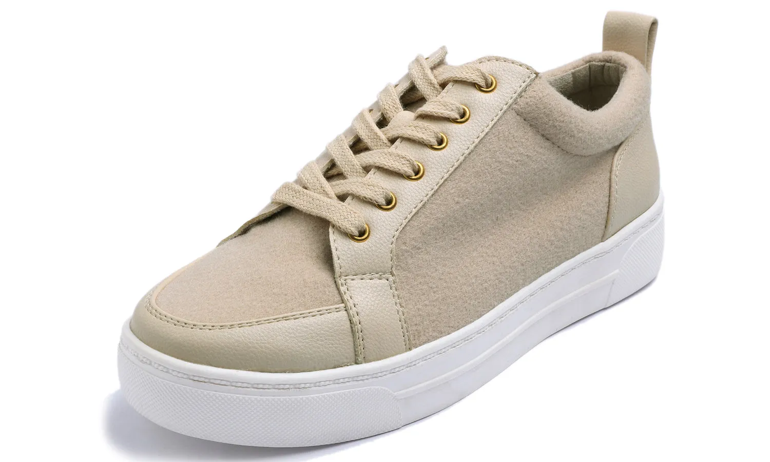 Feversole Women's Winter Vegan Leather Lightweight Platform Lace-Up Street Sneakers Beige Faux Woolen PU