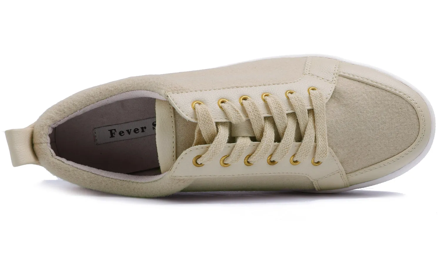 Feversole Women's Winter Vegan Leather Lightweight Platform Lace-Up Street Sneakers Beige Faux Woolen PU