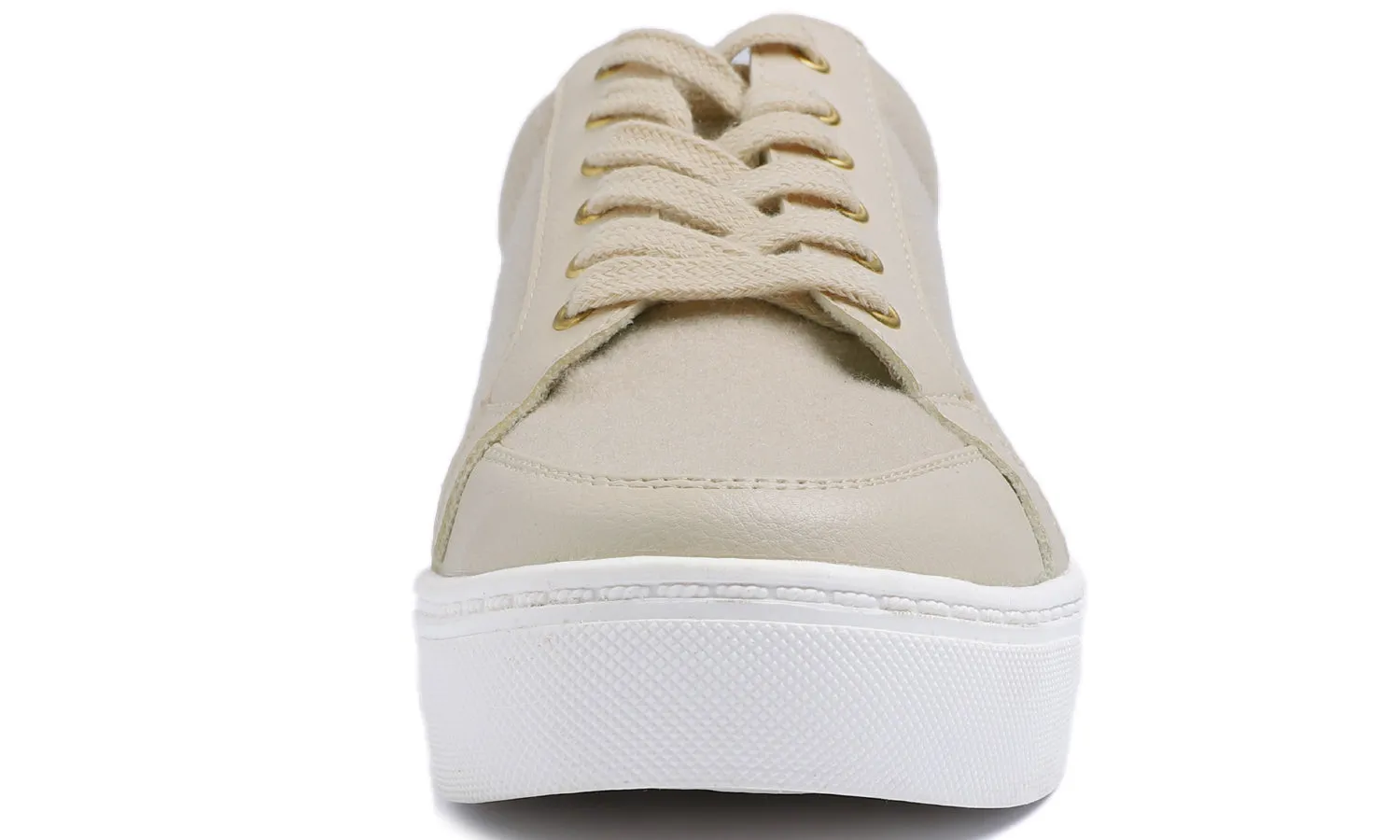 Feversole Women's Winter Vegan Leather Lightweight Platform Lace-Up Street Sneakers Beige Faux Woolen PU