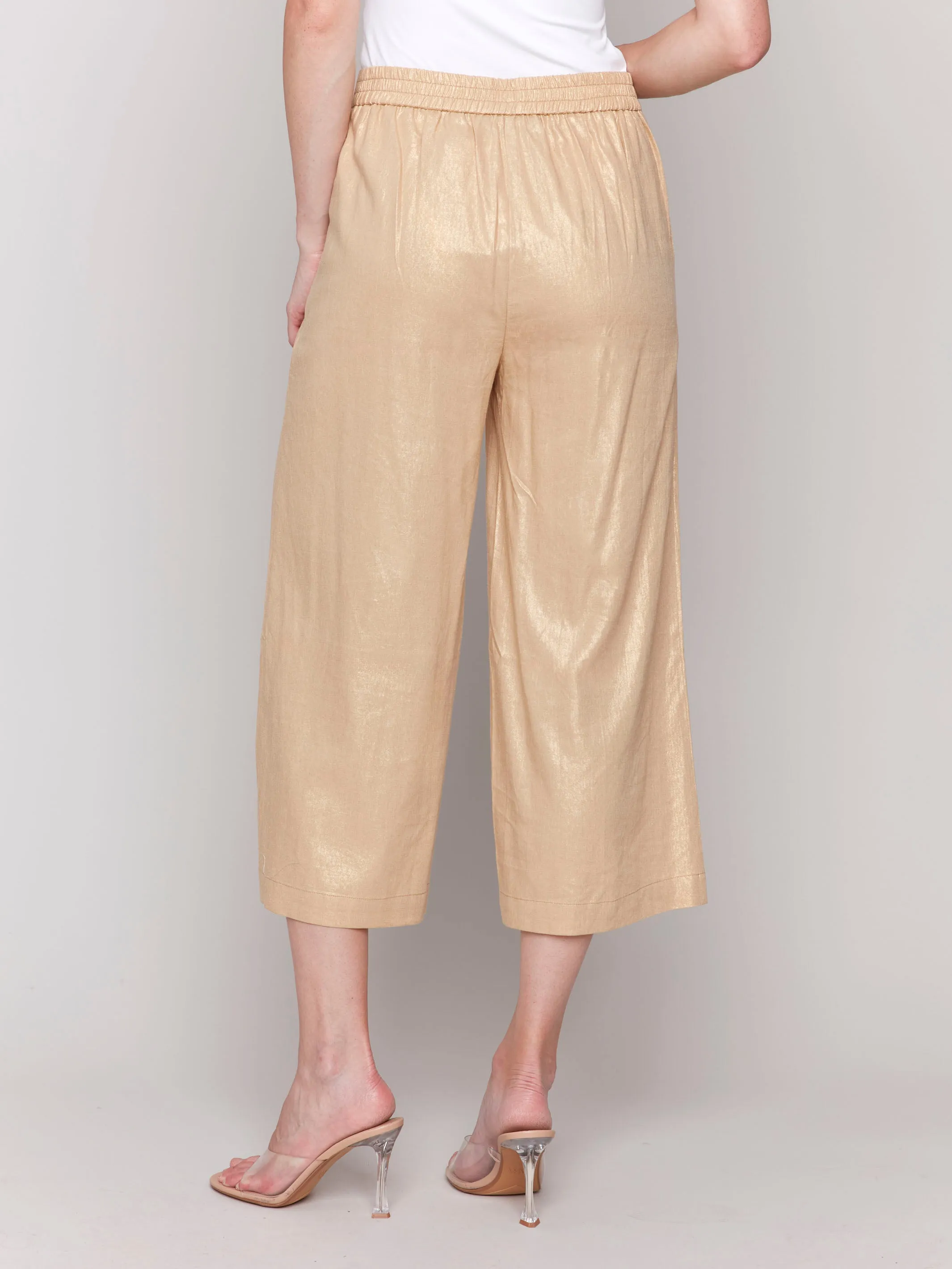 Foil Linen Blend Cropped Pull-On Pants - Gold