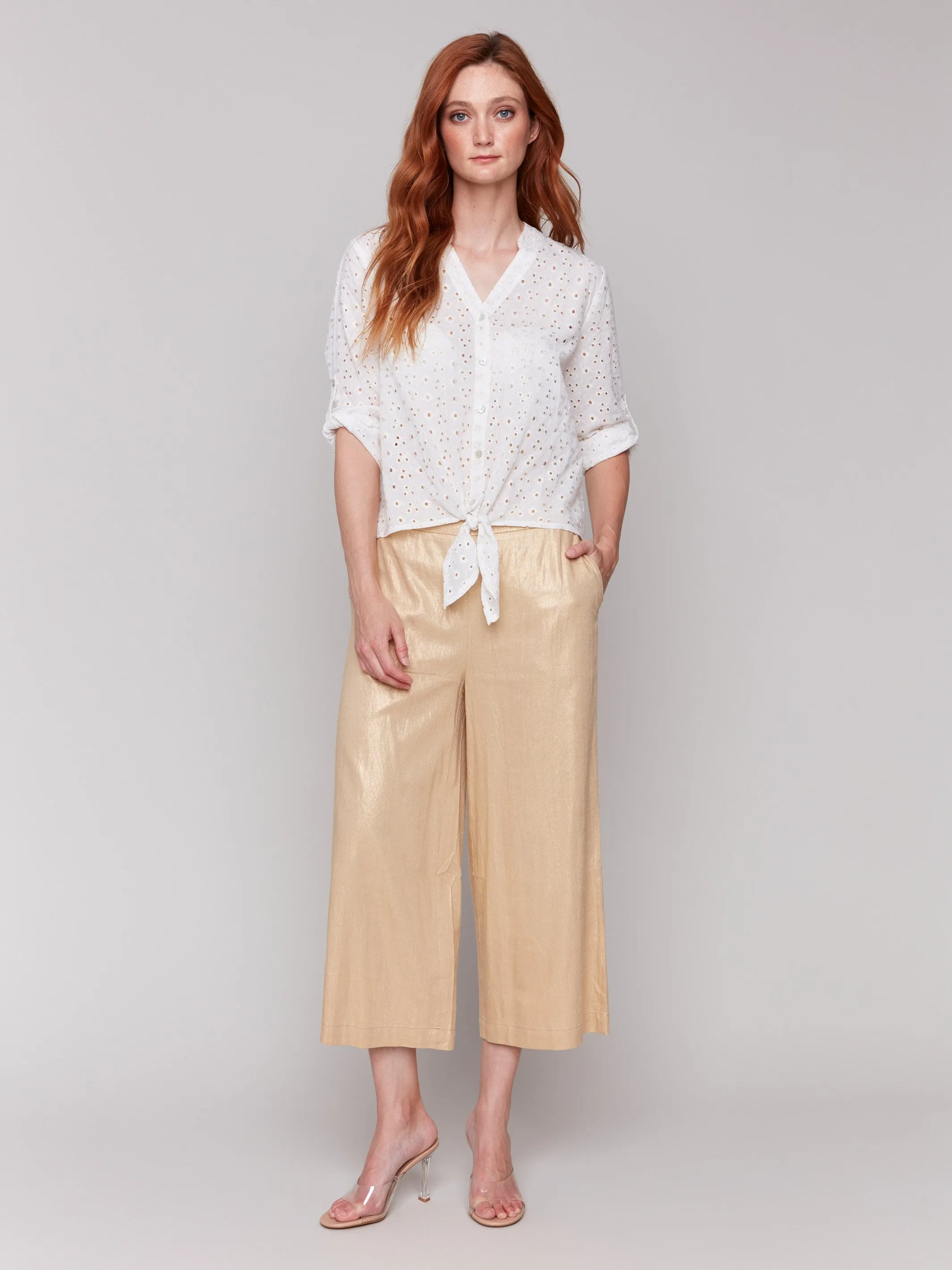 Foil Linen Blend Cropped Pull-On Pants - Gold