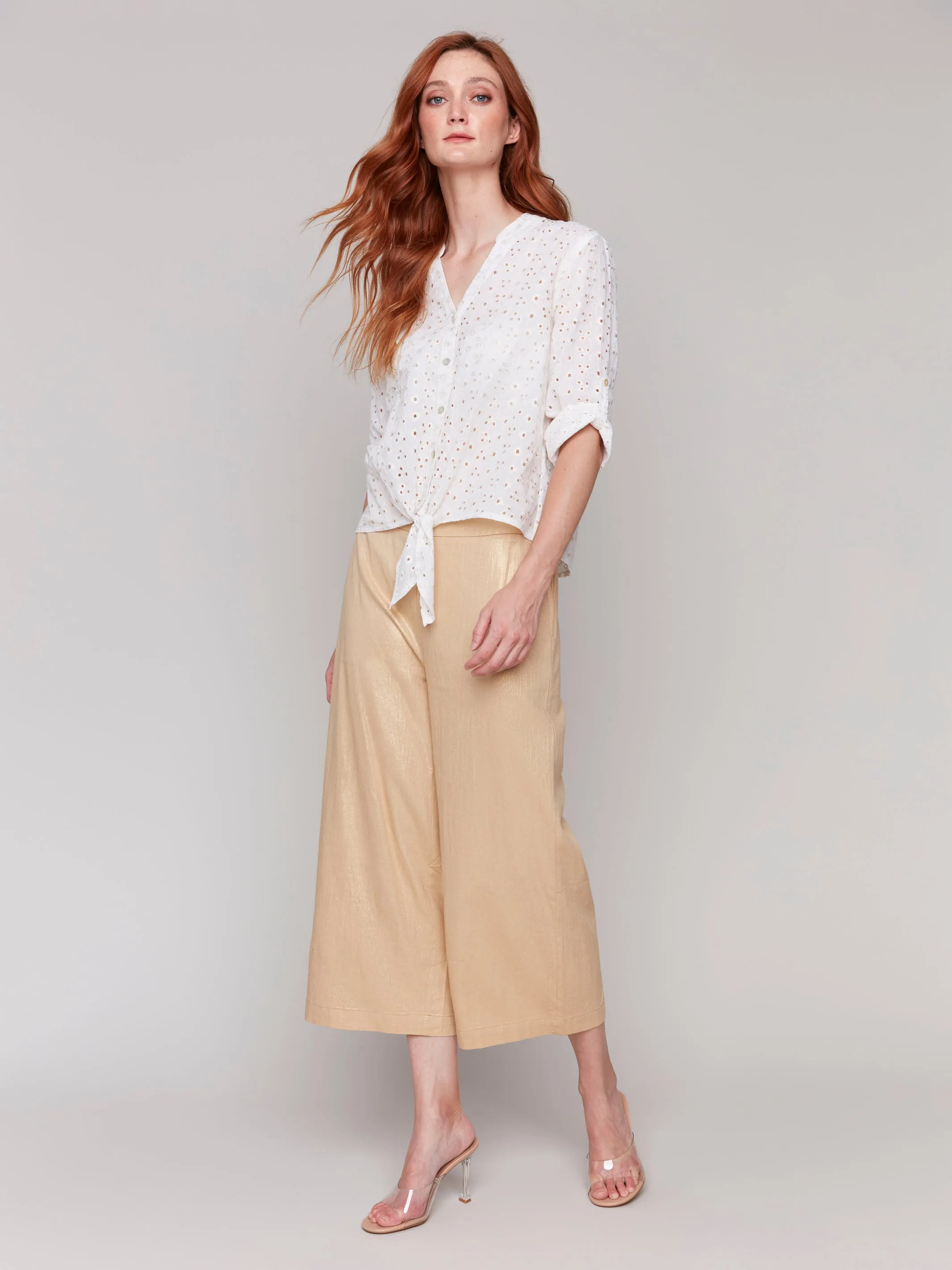 Foil Linen Blend Cropped Pull-On Pants - Gold
