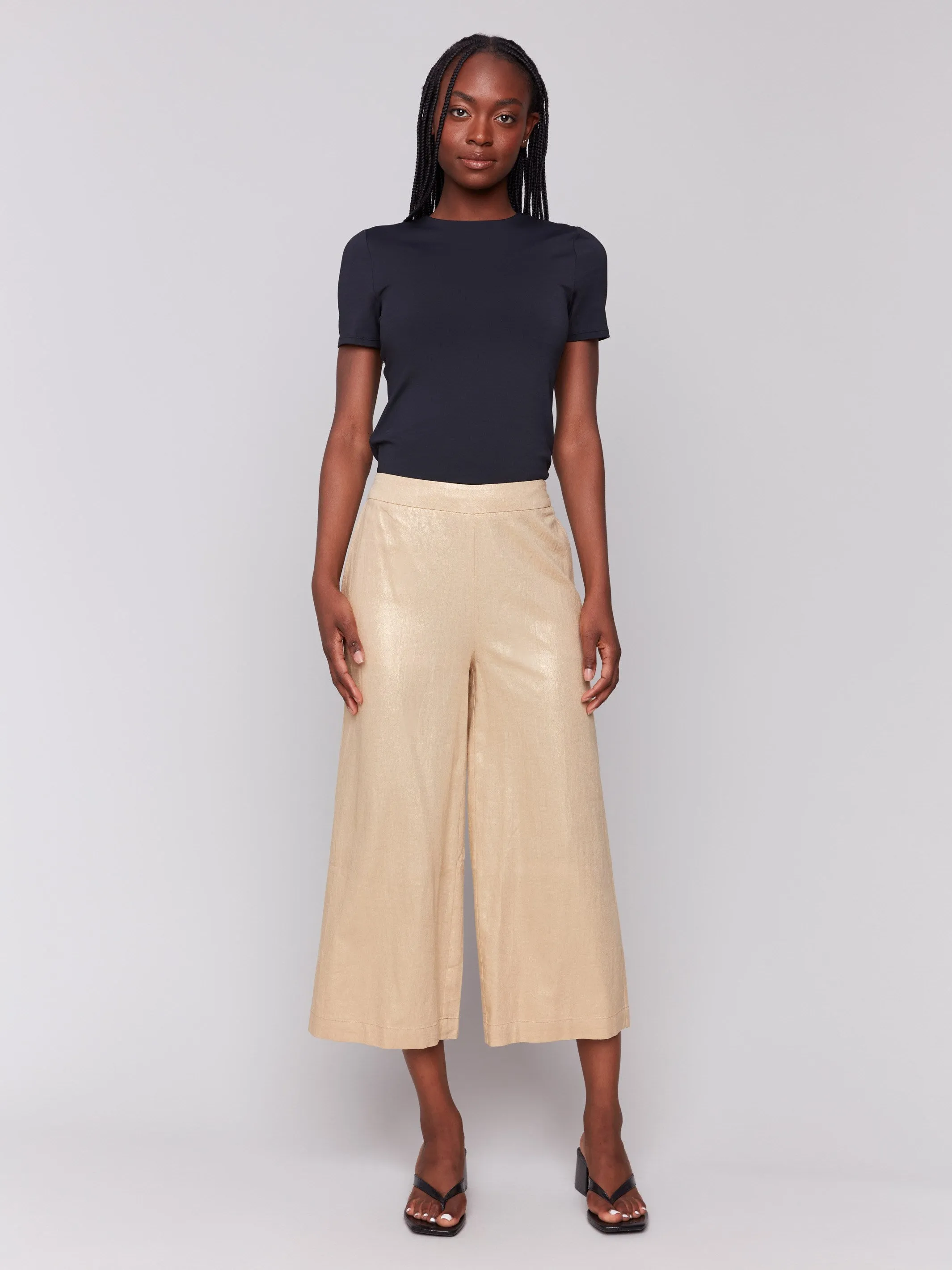 Foil Linen Blend Cropped Pull-On Pants - Gold