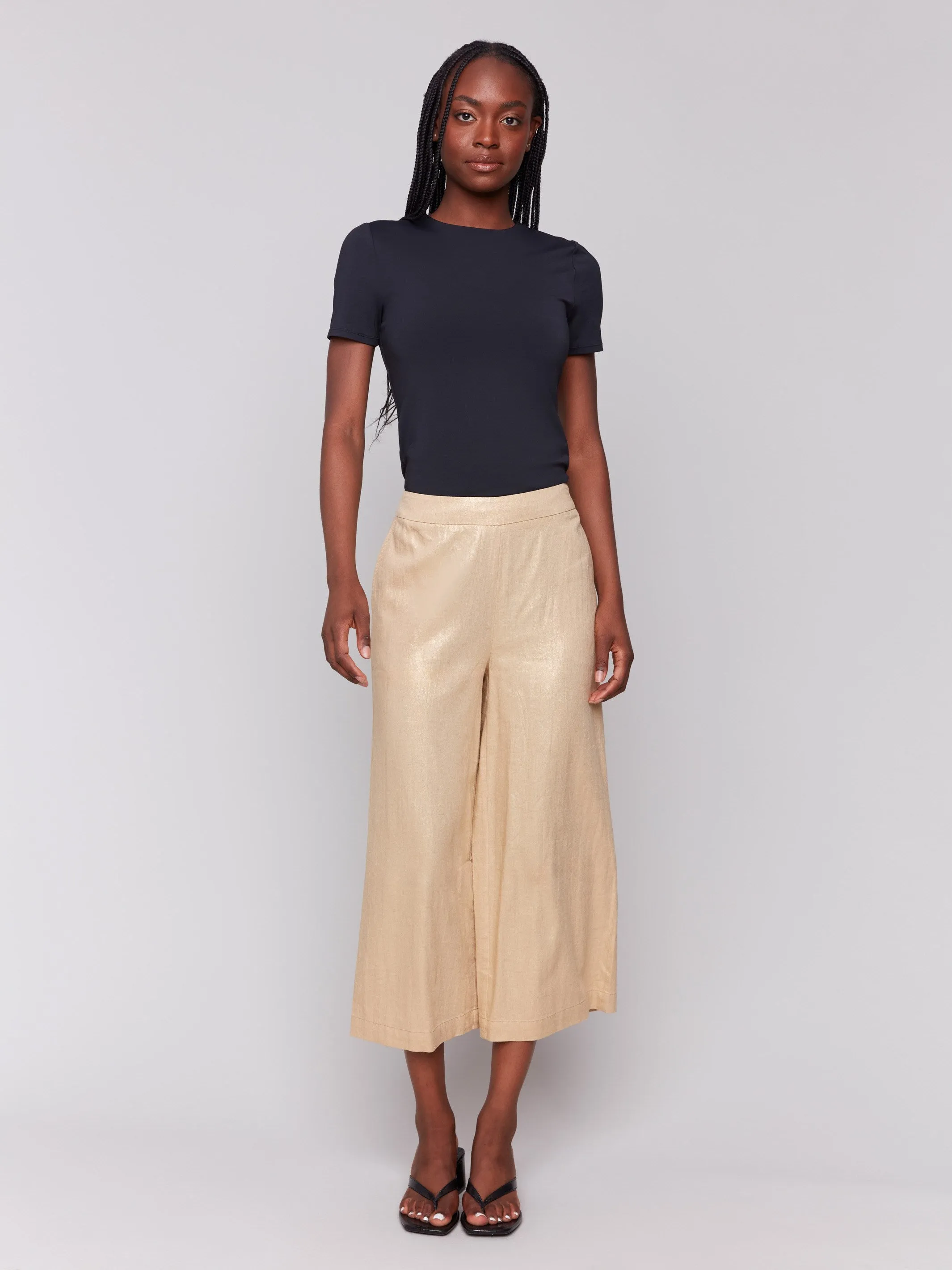 Foil Linen Blend Cropped Pull-On Pants - Gold