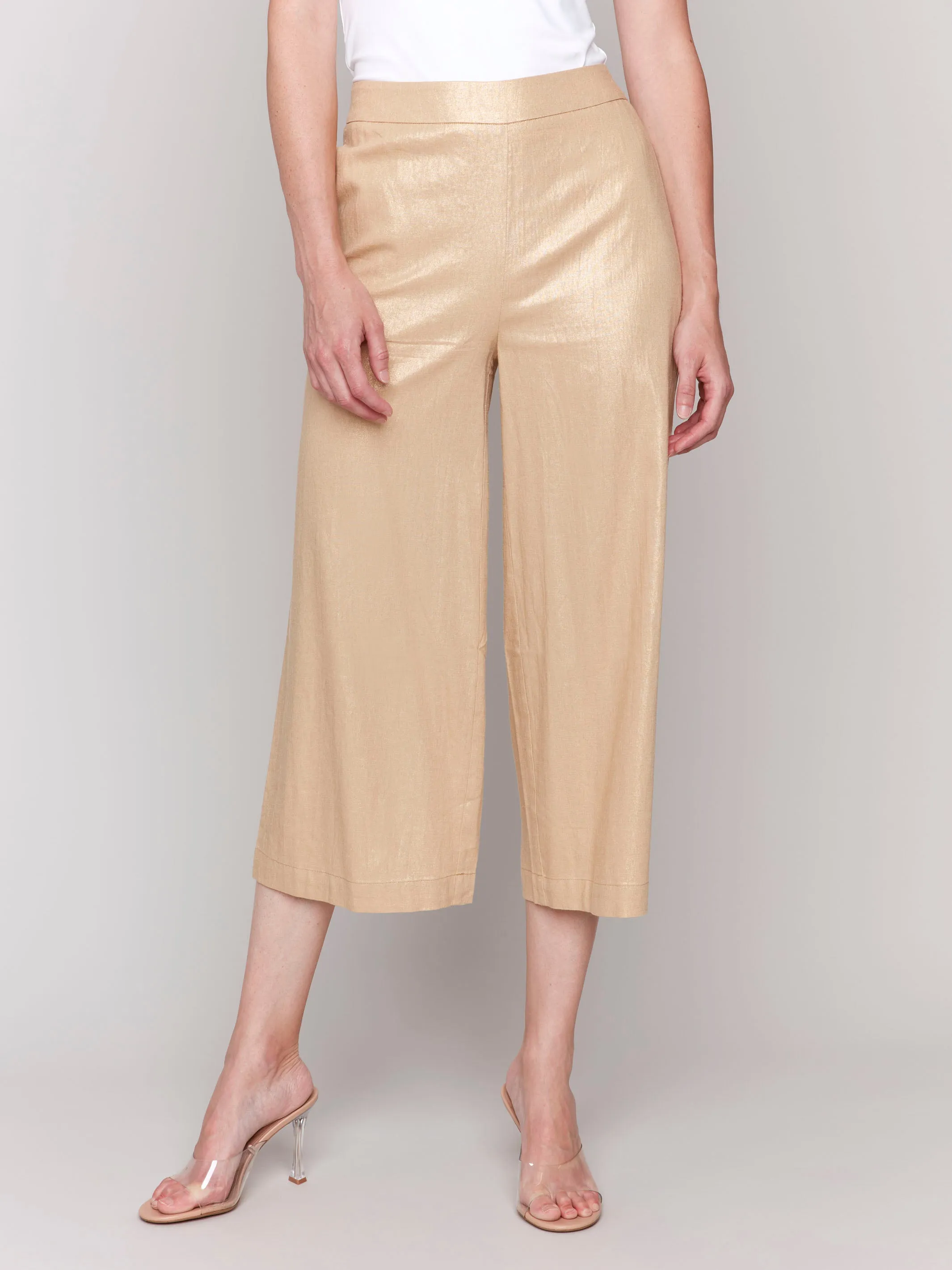 Foil Linen Blend Cropped Pull-On Pants - Gold