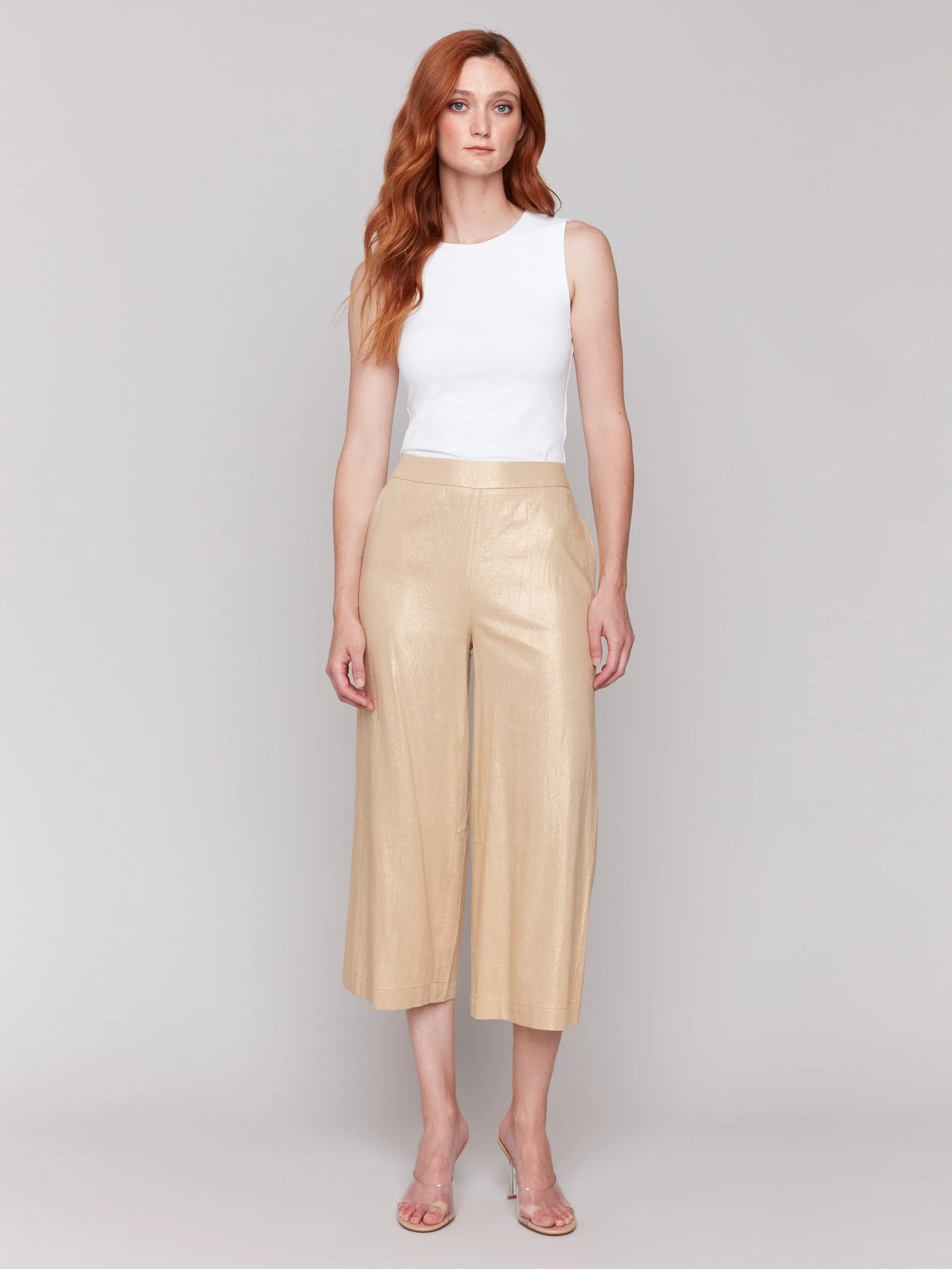 Foil Linen Blend Cropped Pull-On Pants - Gold
