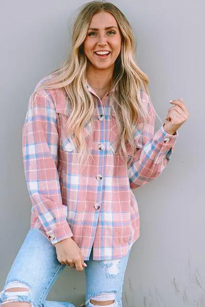 Fresh Button Down Pink Plaid Shirt Jacket