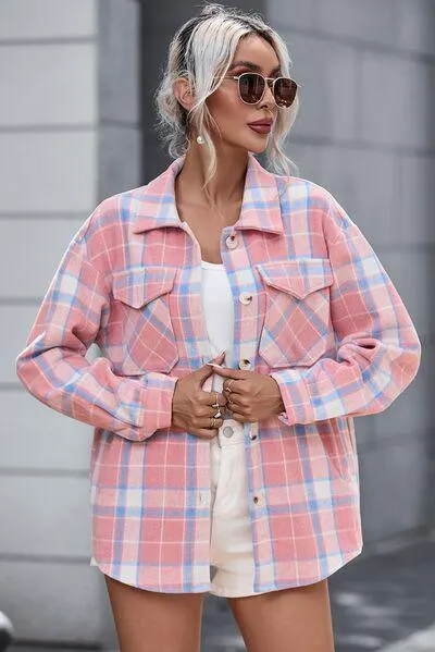 Fresh Button Down Pink Plaid Shirt Jacket
