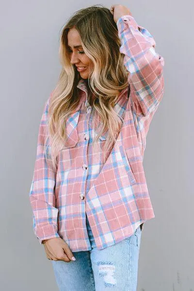 Fresh Button Down Pink Plaid Shirt Jacket