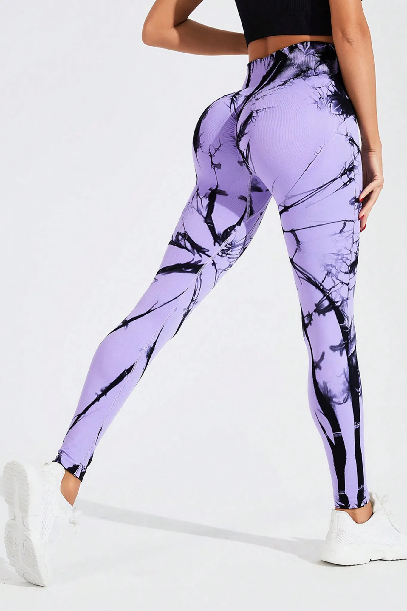 High-Waist Tie-Dye Active Leggings -  Purple & Black