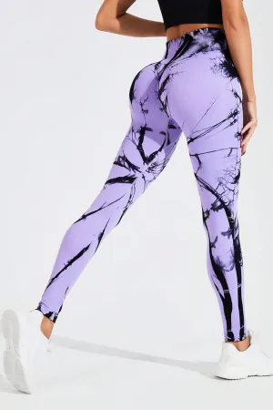High-Waist Tie-Dye Active Leggings -  Purple & Black