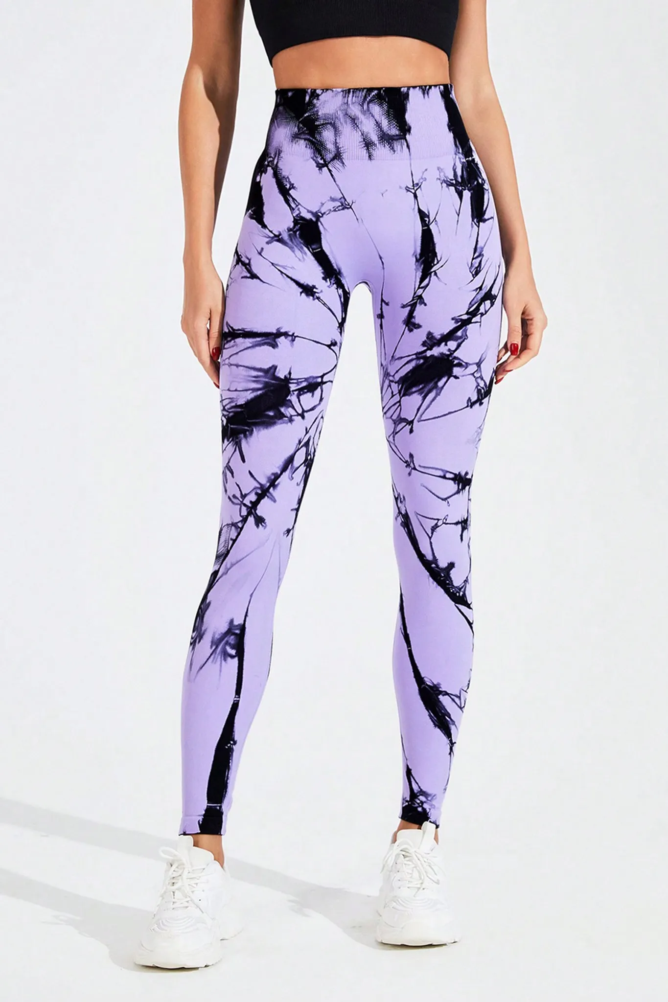 High-Waist Tie-Dye Active Leggings -  Purple & Black