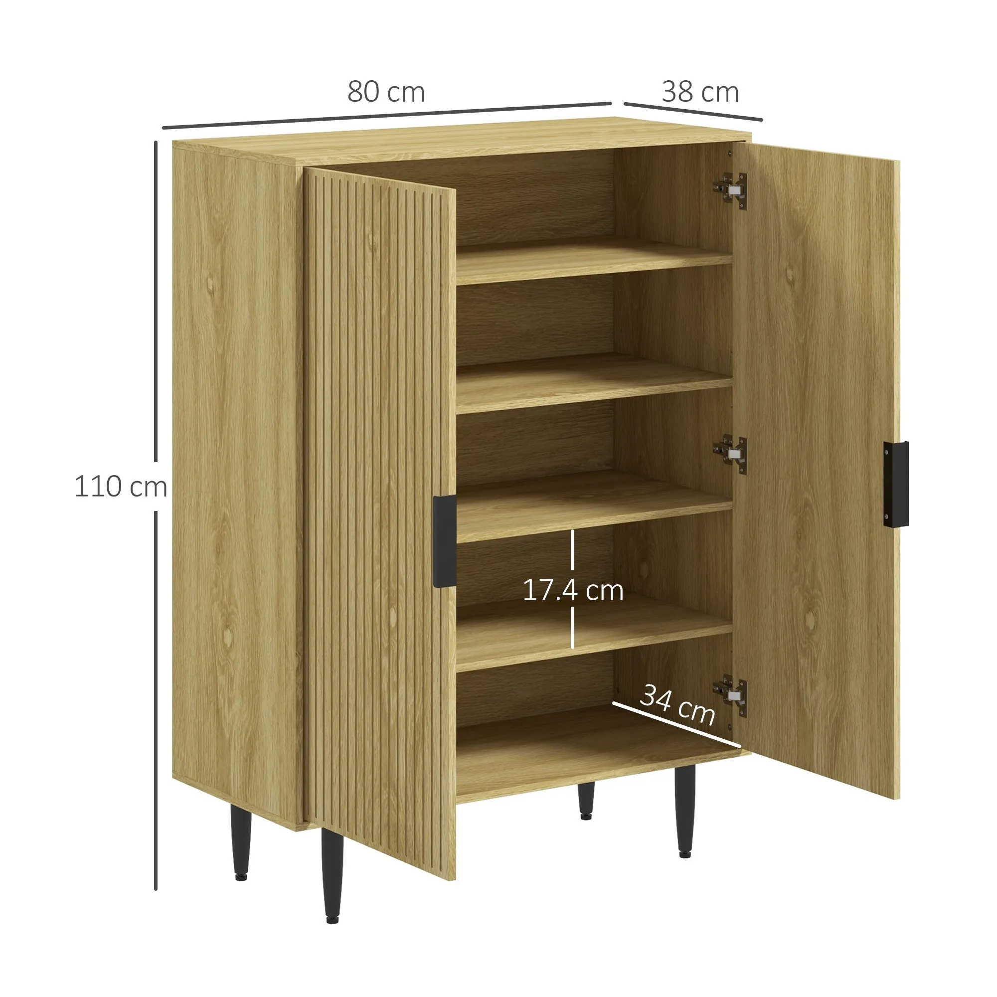 HOMCOM Space-saving shoe rack for 15 pairs of shoes with 4 adjustable shelves, 80x38x110cm, oak