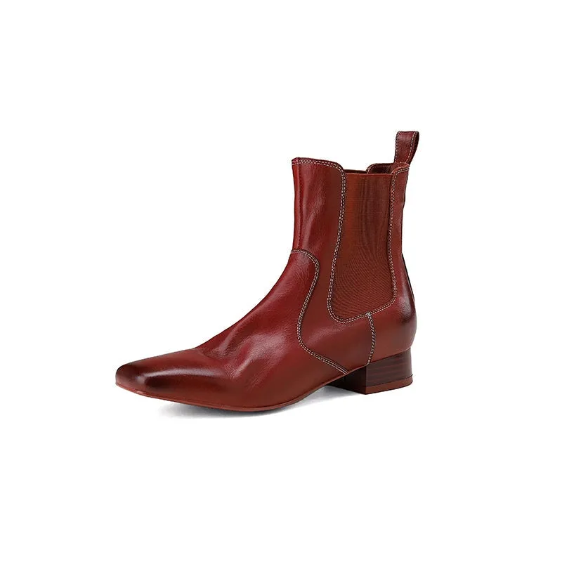 Horse Leather Chelsea Boots Retro Square-Toe Ankle Boots Slimming Boots in Black/Red
