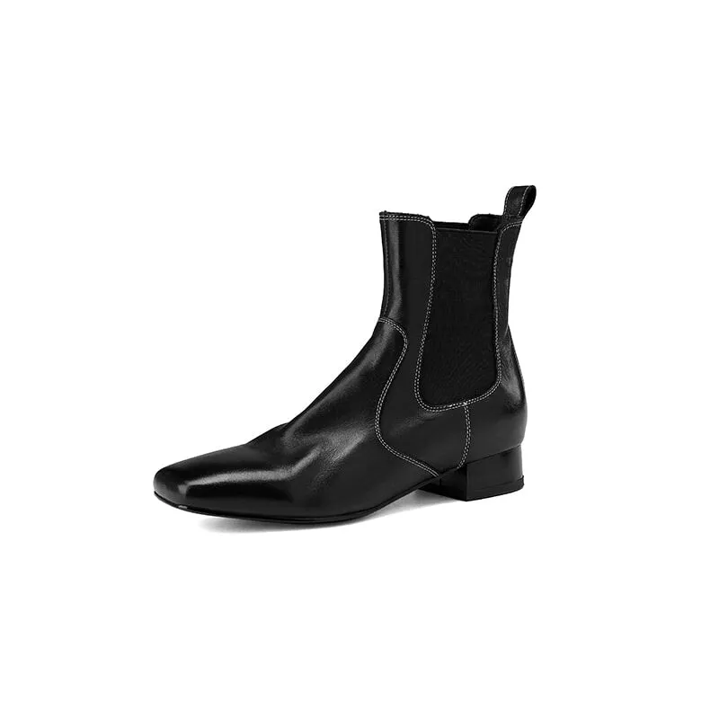 Horse Leather Chelsea Boots Retro Square-Toe Ankle Boots Slimming Boots in Black/Red