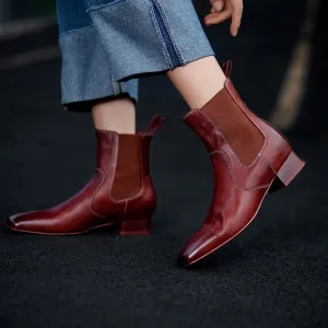 Horse Leather Chelsea Boots Retro Square-Toe Ankle Boots Slimming Boots in Black/Red
