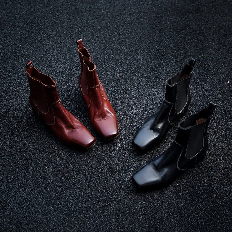 Horse Leather Chelsea Boots Retro Square-Toe Ankle Boots Slimming Boots in Black/Red