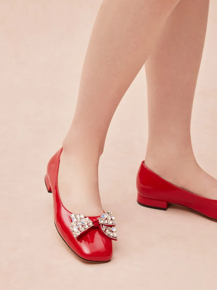 Katy Diamante Embellished Bow Patent Leather Flats