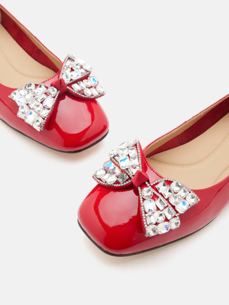Katy Diamante Embellished Bow Patent Leather Flats
