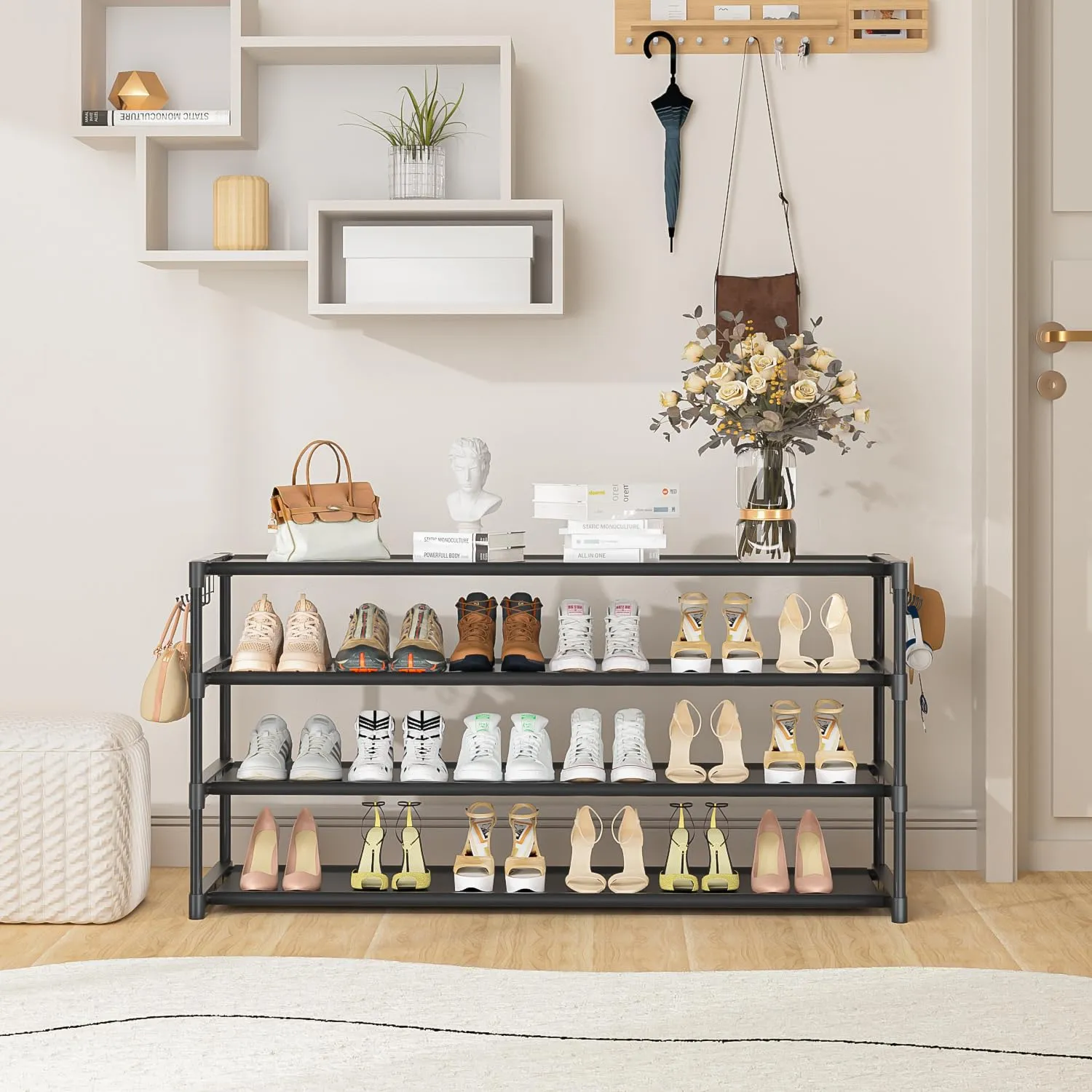 Long Shoe Rack 4 Tier Shoe Storage Organizer with 2 Hooks, Wide Stackable Shoe Organizer Racks for Closet Entryway,Shoe Shelf Stand Sturdy Durable Shoes Holder Save Space Up to 26Pairs