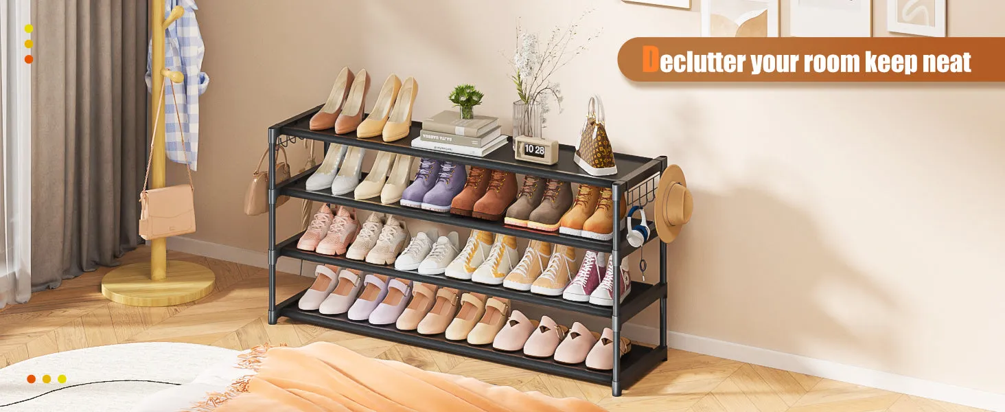 Long Shoe Rack 4 Tier Shoe Storage Organizer with 2 Hooks, Wide Stackable Shoe Organizer Racks for Closet Entryway,Shoe Shelf Stand Sturdy Durable Shoes Holder Save Space Up to 26Pairs