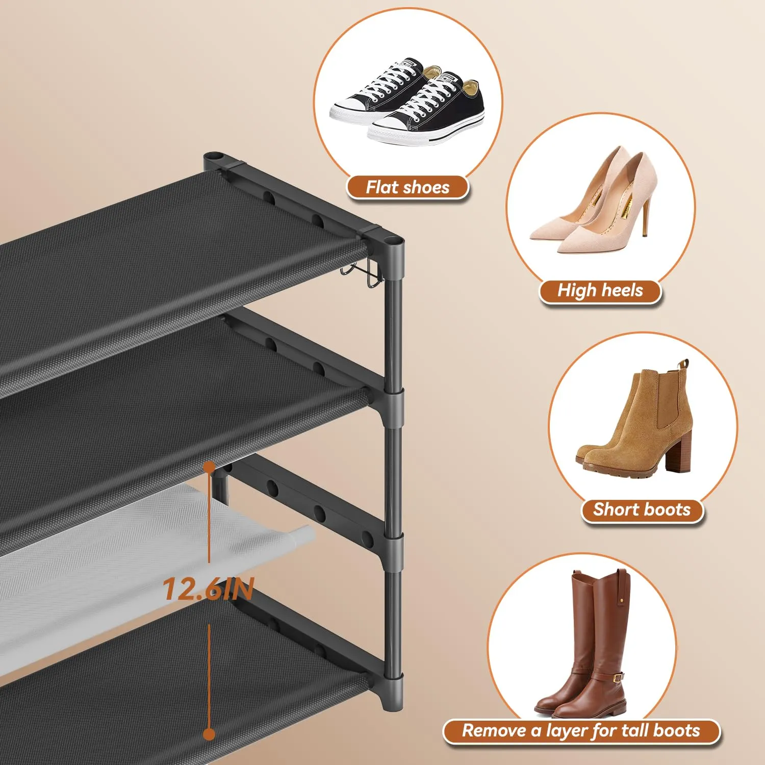 Long Shoe Rack 4 Tier Shoe Storage Organizer with 2 Hooks, Wide Stackable Shoe Organizer Racks for Closet Entryway,Shoe Shelf Stand Sturdy Durable Shoes Holder Save Space Up to 26Pairs