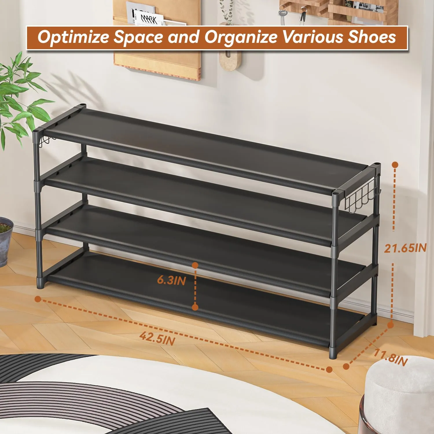 Long Shoe Rack 4 Tier Shoe Storage Organizer with 2 Hooks, Wide Stackable Shoe Organizer Racks for Closet Entryway,Shoe Shelf Stand Sturdy Durable Shoes Holder Save Space Up to 26Pairs